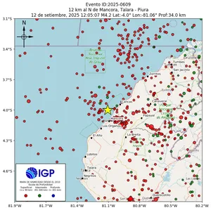 Mapa sísmico del sismo de magnitud 4.2 a 12 km al N de Mancora, Talara - Piura, Perú