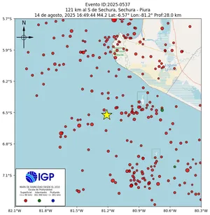 Mapa sísmico del sismo de magnitud 4.2 a 121 km al S de Sechura, Sechura - Piura, Perú
