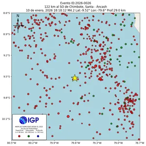 Mapa sísmico del sismo de magnitud 4.2 a 122 km al SO de Chimbote, Santa - Áncash, Perú