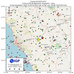 Mapa sísmico del sismo de magnitud 4.2 a 13 km al SO de Matucana, Huarochirí - Lima, Perú