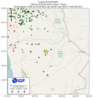 Mapa sísmico del sismo de magnitud 4.2 a 166 km al SE de Tacna, Tacna - Tacna, Perú