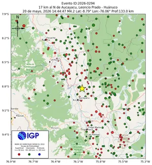 Mapa sísmico del sismo de magnitud 4.2 a 17 km al N de Aucayacu, Leoncio Prado - Huánuco, Perú