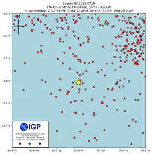 Mapa sísmico del sismo de magnitud 4.2 a 176 km al SO de Chimbote, Santa - Áncash, Perú