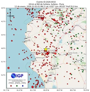 Mapa sísmico del sismo de magnitud 4.2 a 18 km al NO de Sullana, Sullana - Piura, Perú