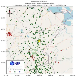 Mapa sísmico del sismo de magnitud 4.2 a 20 km al N de Capaso, El Collao - Puno, Perú