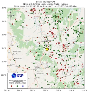 Mapa sísmico del sismo de magnitud 4.2 a 21 km al S de Tingo María, Leoncio Prado - Huánuco, Perú