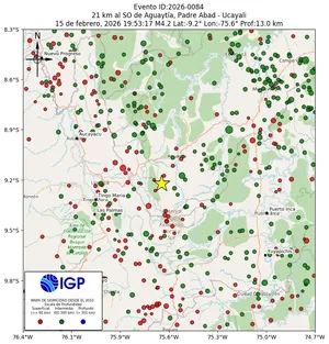 Mapa sísmico del sismo de magnitud 4.2 a 21 km al SO de Aguaytía, Padre Abad - Ucayali, Perú