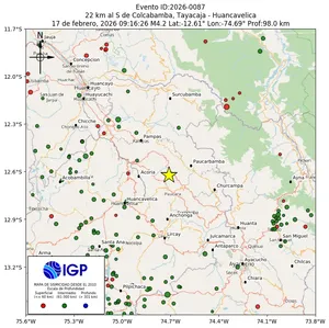 Mapa sísmico del sismo de magnitud 4.2 a 22 km al S de Colcabamba, Tayacaja - Huancavelica, Perú