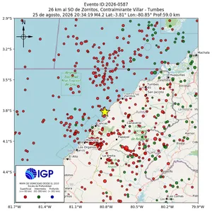 Mapa sísmico del sismo de magnitud 4.2 a 26 km al SO de Zorritos, Contralmirante Villar - Tumbes, Perú