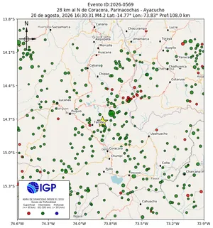 Mapa sísmico del sismo de magnitud 4.2 a 28 km al N de Coracora, Parinacochas - Ayacucho, Perú