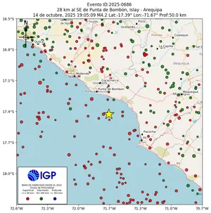 Mapa sísmico del sismo de magnitud 4.2 a 28 km al SE de Punta de Bombón, Islay - Arequipa, Perú