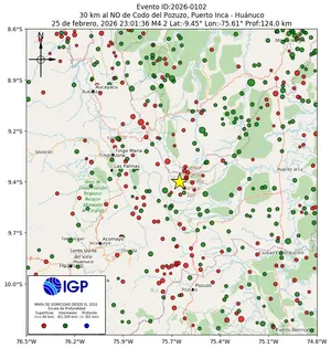Mapa sísmico del sismo de magnitud 4.2 a 30 km al NO de Codo del Pozuzo, Puerto Inca - Huánuco, Perú