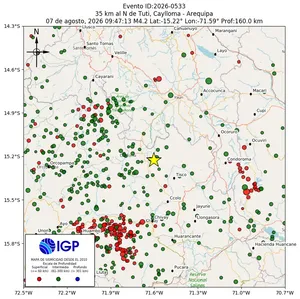 Mapa sísmico del sismo de magnitud 4.2 a 35 km al N de Tuti, Caylloma - Arequipa, Perú