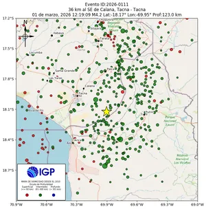 Mapa sísmico del sismo de magnitud 4.2 a 36 km al SE de Calana, Tacna - Tacna, Perú