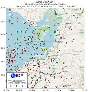 Mapa sísmico del sismo de magnitud 4.2 a 37 km al NE de Zarumilla, Zarumilla - Tumbes, Perú