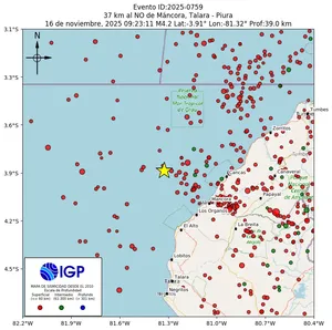 Mapa sísmico del sismo de magnitud 4.2 a 37 km al NO de Máncora, Talara - Piura, Perú