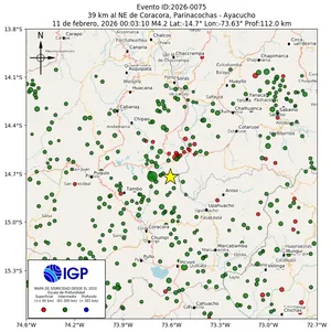 Mapa sísmico del sismo de magnitud 4.2 a 39 km al NE de Coracora, Parinacochas - Ayacucho, Perú