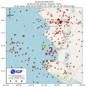 Mapa sísmico del sismo de magnitud 4.2 a 41 km al O de Sechura, Sechura - Piura, Perú