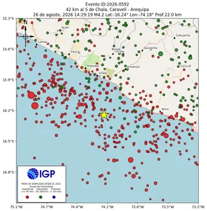 Mapa sísmico del sismo de magnitud 4.2 a 42 km al S de Chala, Caravelí - Arequipa, Perú