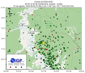 Mapa sísmico del sismo de magnitud 4.2 a 42 km al SE de Contamana, Ucayali - Loreto, Perú