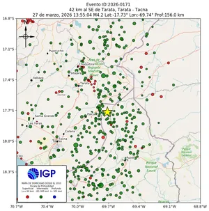 Mapa sísmico del sismo de magnitud 4.2 a 42 km al SE de Tarata, Tarata - Tacna, Perú