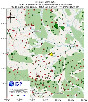 Mapa sísmico del sismo de magnitud 4.2 a 44 km al SO de Barranca, Datem del Marañón - Loreto, Perú