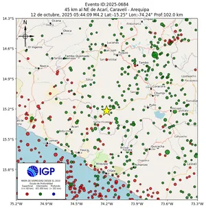 Mapa sísmico del sismo de magnitud 4.2 a 45 km al NE de Acarí, Caravelí - Arequipa, Perú