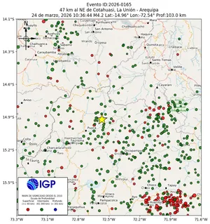 Mapa sísmico del sismo de magnitud 4.2 a 47 km al NE de Cotahuasi, La Unión - Arequipa, Perú