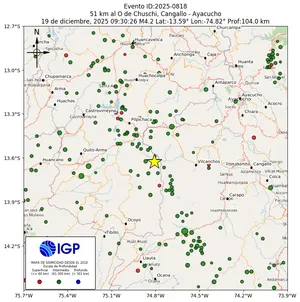 Mapa sísmico del sismo de magnitud 4.2 a 51 km al O de Chuschi, Cangallo - Ayacucho, Perú