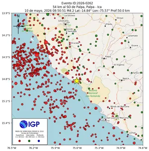 Mapa sísmico del sismo de magnitud 4.2 a 54 km al SO de Palpa, Palpa - Ica, Perú