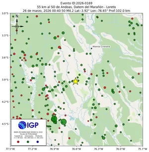 Mapa sísmico del sismo de magnitud 4.2 a 55 km al SO de Andoas, Datem del Marañón - Loreto, Perú