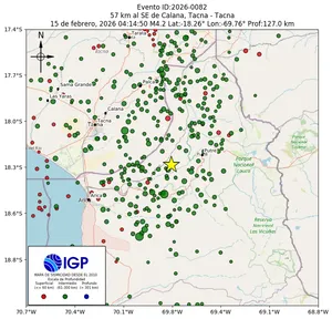 Mapa sísmico del sismo de magnitud 4.2 a 57 km al SE de Calana, Tacna - Tacna, Perú