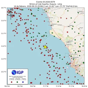Mapa sísmico del sismo de magnitud 4.2 a 58 km al S de Huacho, Huaura - Lima, Perú
