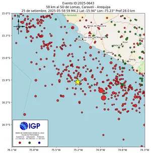 Mapa sísmico del sismo de magnitud 4.2 a 58 km al SO de Lomas, Caraveli - Arequipa, Perú