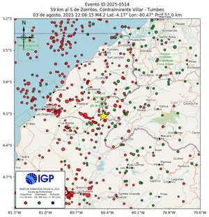 Mapa sísmico del sismo de magnitud 4.2 a 59 km al S de Zorritos, Contralmirante Villar - Tumbes, Perú