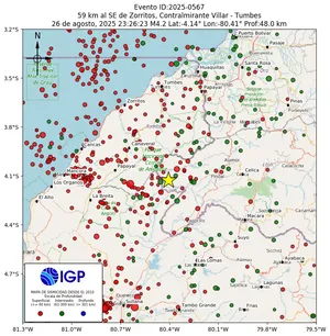Mapa sísmico del sismo de magnitud 4.2 a 59 km al SE de Zorritos, Contralmirante Villar - Tumbes, Perú