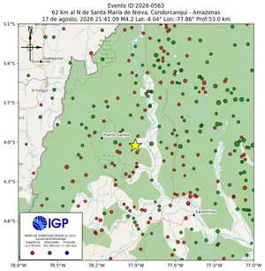 Mapa sísmico del sismo de magnitud 4.2 a 62 km al N de Santa María de Nieva, Condorcanqui - Amazonas, Perú