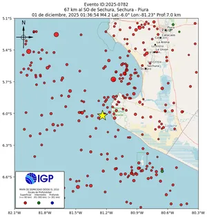 Mapa sísmico del sismo de magnitud 4.2 a 67 km al SO de Sechura, Sechura - Piura, Perú