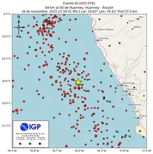 Mapa sísmico del sismo de magnitud 4.2 a 69 km al SO de Huarmey, Huarmey - Áncash, Perú