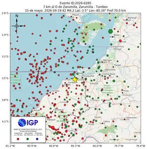 Mapa sísmico del sismo de magnitud 4.2 a 7 km al O de Zarumilla, Zarumilla - Tumbes, Perú