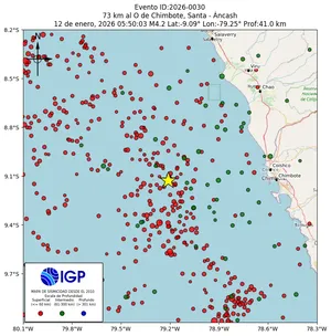 Mapa sísmico del sismo de magnitud 4.2 a 73 km al O de Chimbote, Santa - Áncash, Perú
