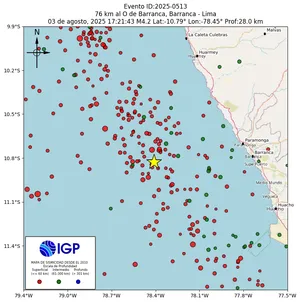 Mapa sísmico del sismo de magnitud 4.2 a 76 km al O de Barranca, Barranca - Lima, Perú
