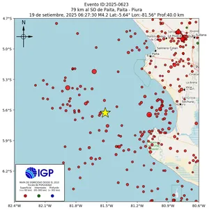 Mapa sísmico del sismo de magnitud 4.2 a 79 km al SO de Paita, Paita - Piura, Perú