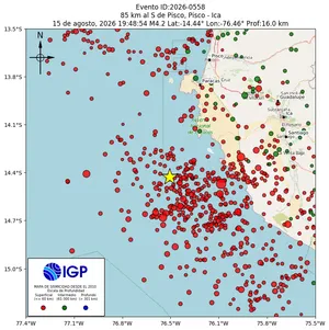 Mapa sísmico del sismo de magnitud 4.2 a 85 km al S de Pisco, Pisco - Ica, Perú