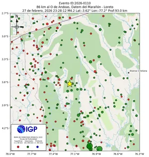 Mapa sísmico del sismo de magnitud 4.2 a 86 km al O de Andoas, Datem del Marañón - Loreto, Perú