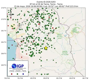 Mapa sísmico del sismo de magnitud 4.2 a 87 km al SE de Tacna, Tacna - Tacna, Perú