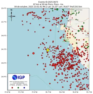 Mapa sísmico del sismo de magnitud 4.2 a 87 km al SO de Pisco, Pisco - Ica, Perú