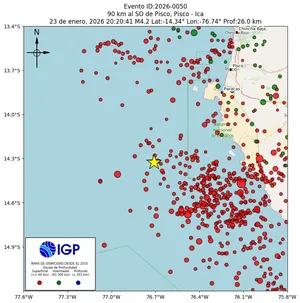 Mapa sísmico del sismo de magnitud 4.2 a 90 km al SO de Pisco, Pisco - Ica, Perú