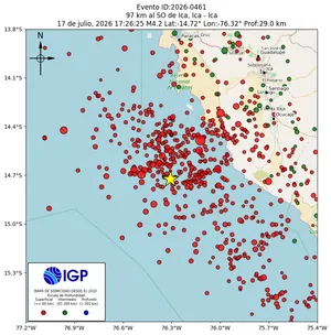 Mapa sísmico del sismo de magnitud 4.2 a 97 km al SO de Ica, Ica - Ica, Perú