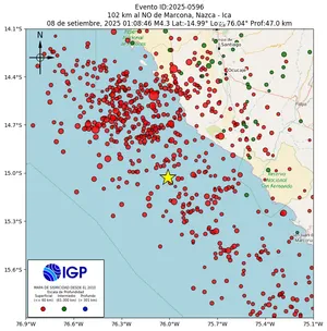Mapa sísmico del sismo de magnitud 4.3 a 102 km al NO de Marcona, Nazca - Ica, Perú
